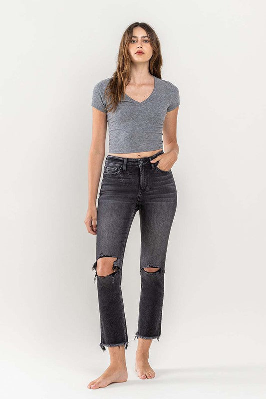 High Rise Stretch Distressed Crop Slim Straight Jeans