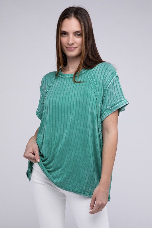 Ribbed Raglan Boat-Neck Top