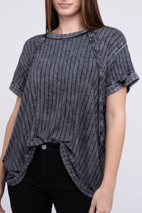 Ribbed Raglan Boat-Neck Top