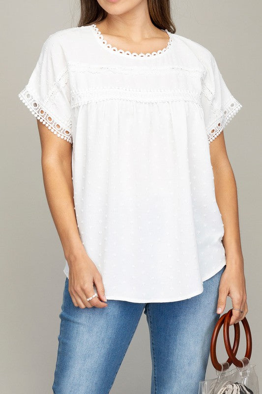 White Swiss Dot with Lace Trim Blouse