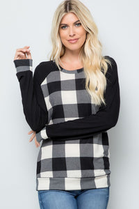 Plus Plaid Solid Contrast Long Sleeve Top