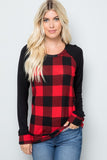 Plus Plaid Solid Contrast Long Sleeve Top