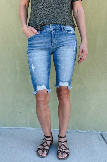 KanCan Mid-Rise Distressed Bermuda Shorts